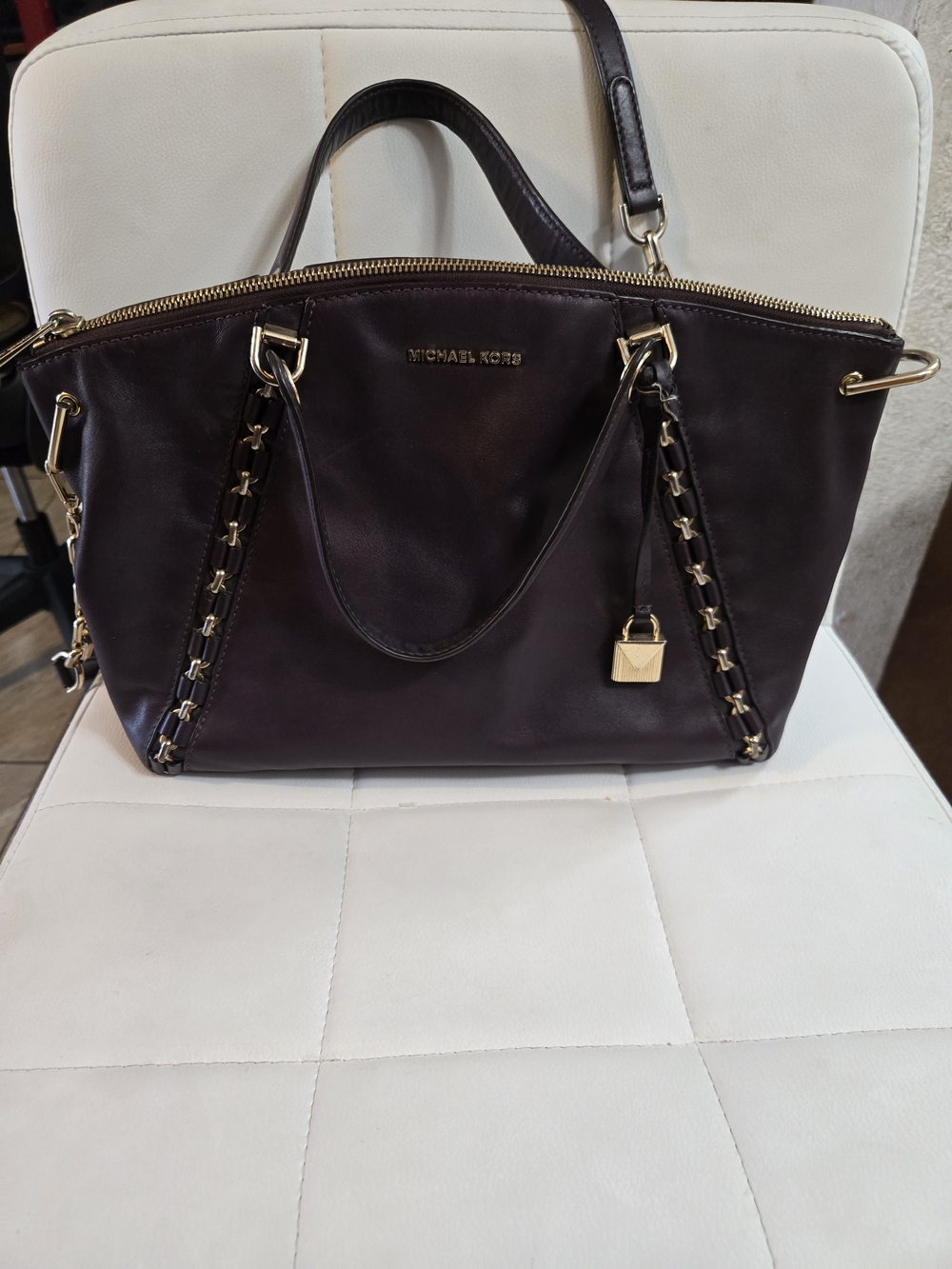Michael Kors Plum Leather Satchel with Gold-Tone Accents